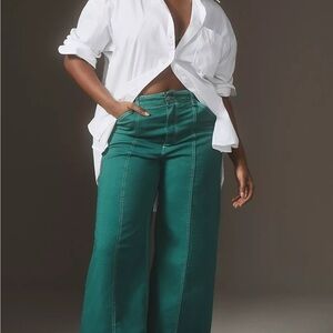 Green Flare Wide Leg Jeans with High Waist and Full Length